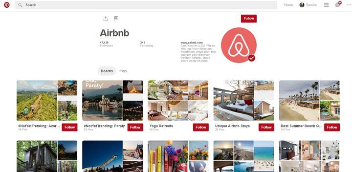 Página de Pinterest de Airbnb