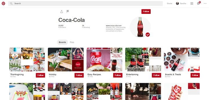 Página de Pinterest de Coca-cola