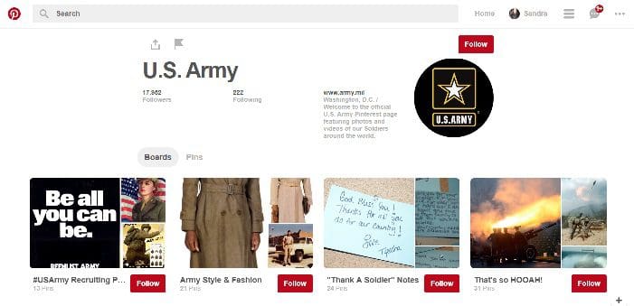 Página de Pinterest del Ejército
