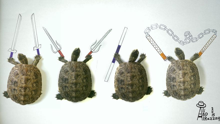 Este sujeto crea divertidas ilustraciones con objetos del día a día tortugas ninja