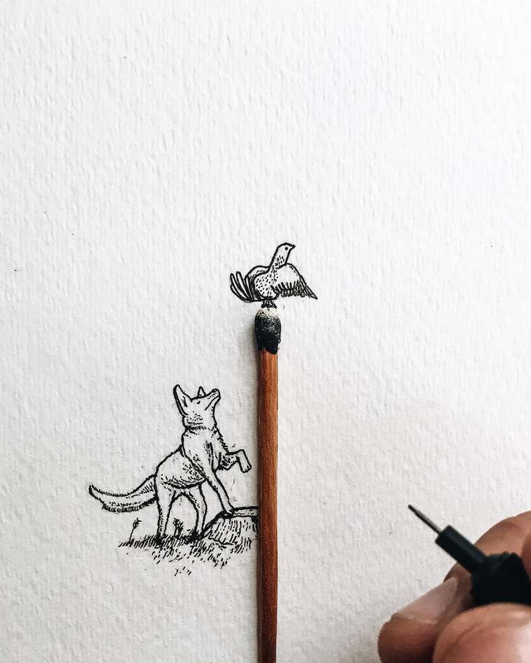 Ilustraciones de pequeños tamaños que sorprenden a lo grande pájaro