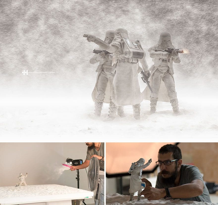 Imágenes de pequeños juguetes en grandes escenarios snow troopers