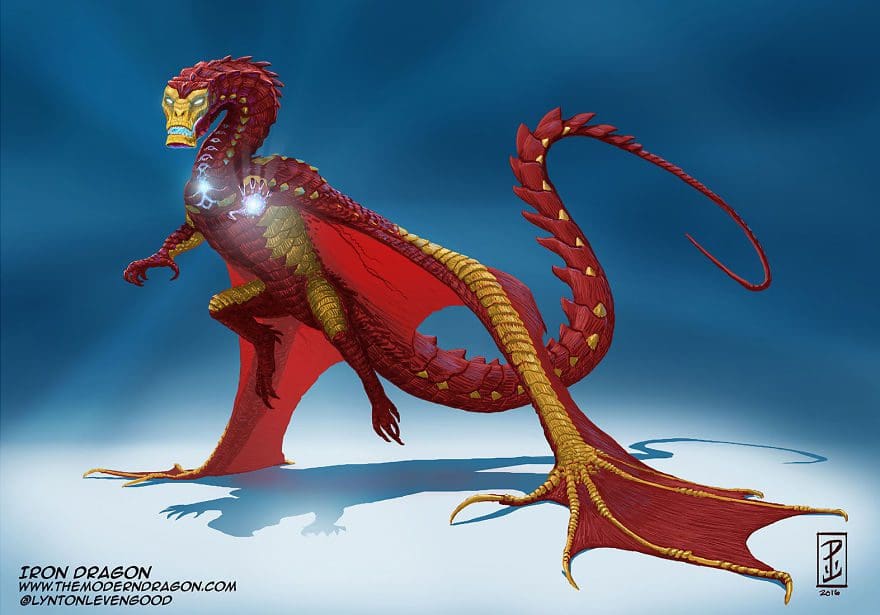 Conocidos súper héroes transformados en dragones iron man