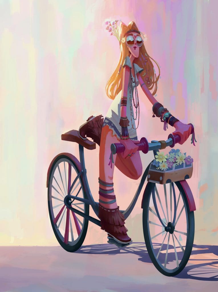 dibujo animado, mujer con bicicleta 