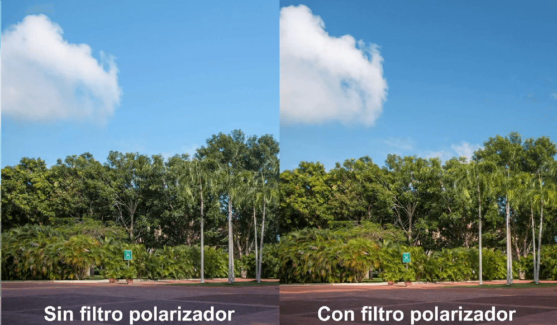 Efecto de un filtro polarizador mostrado en la foto del cielo. La
