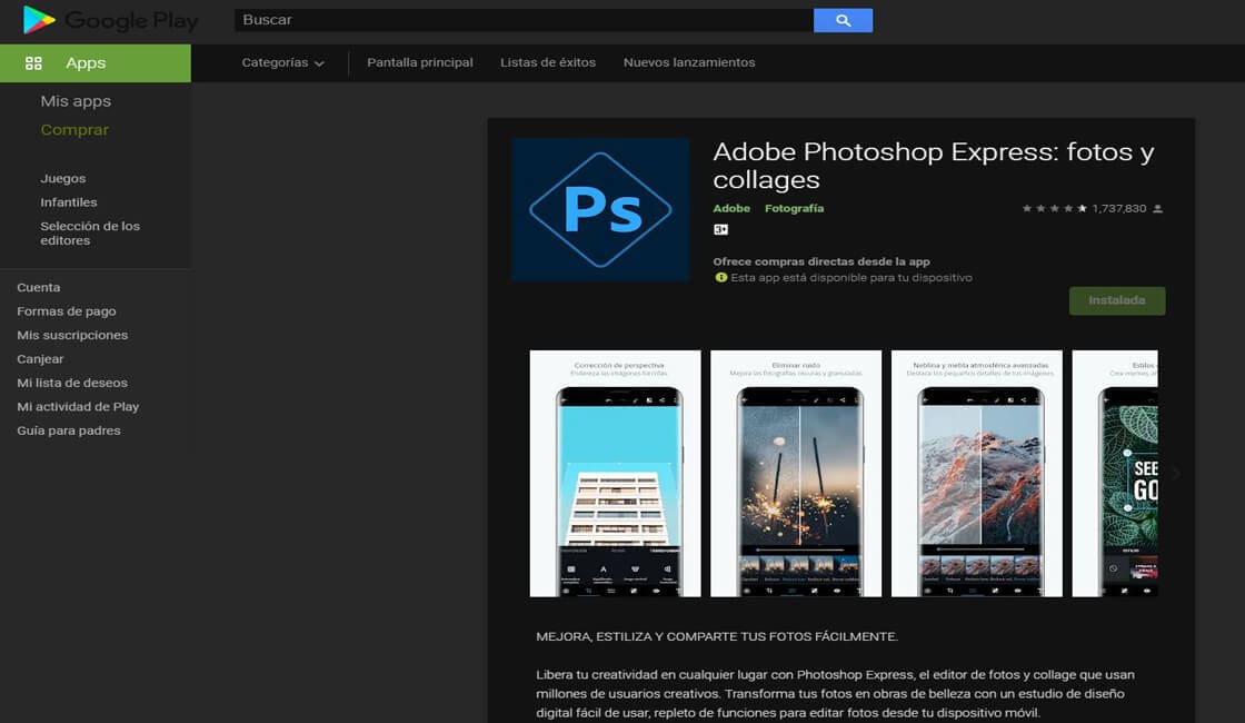 Adobe Photoshop Express Aplicaciones de diseño grafico para celular