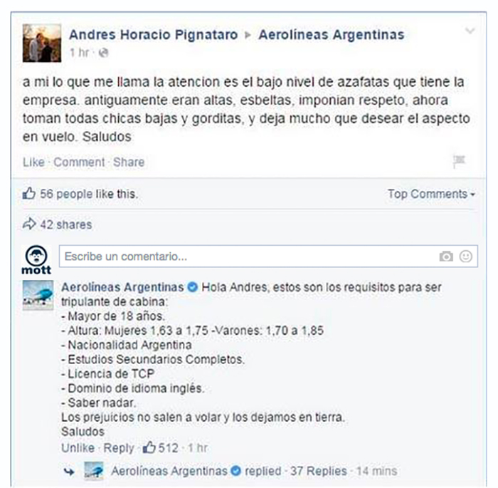 post de facebook aerolíneas argentinas