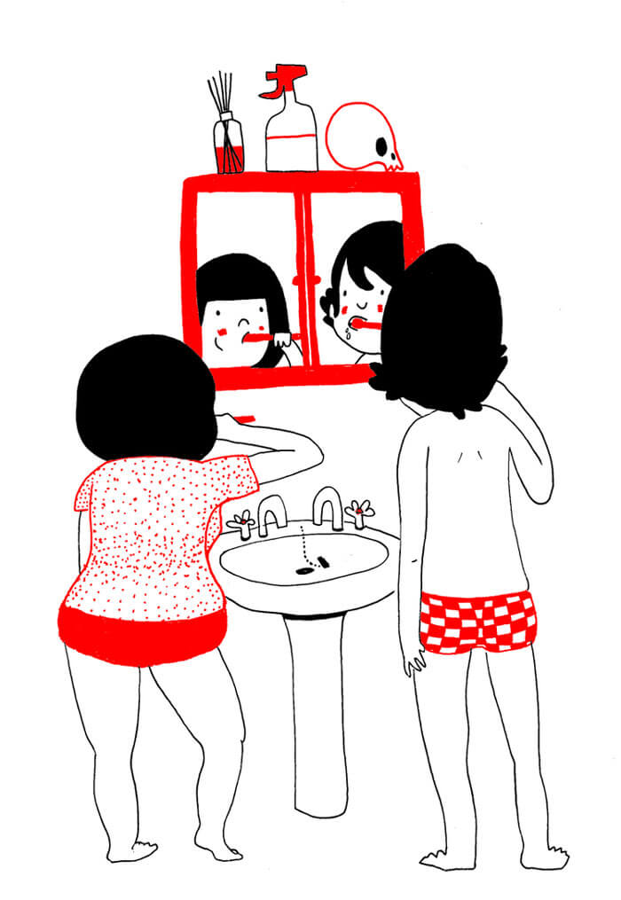ilustración pareja cepillando dientes